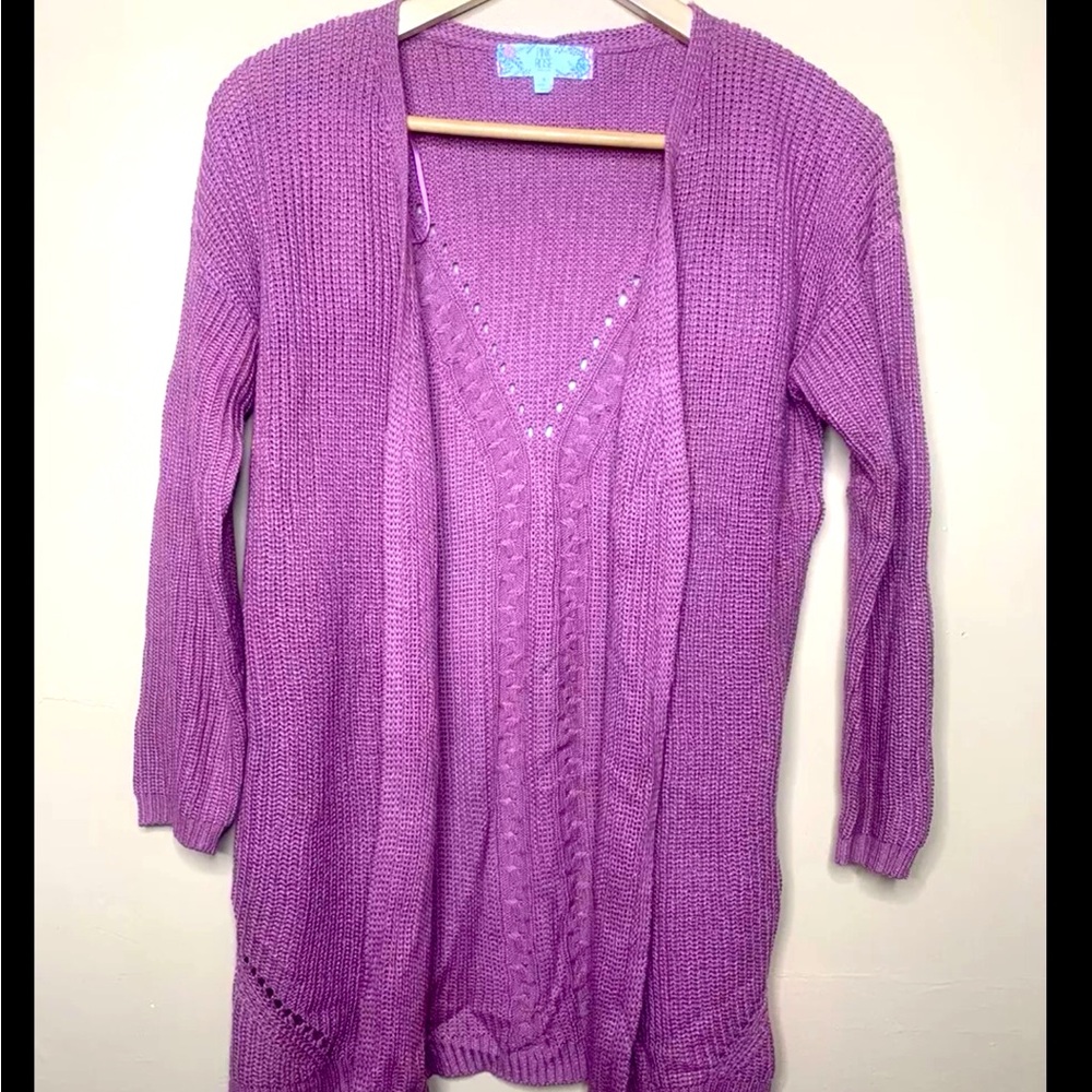 Pink Rose Sweater Cardigan Long Sleeve Open Front Tight  Knit